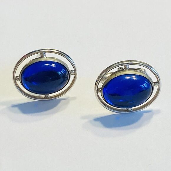Vintage Anson Cufflinks Silvertone & Blue Jelly Belly Polished Stone Centers - Picture 1 of 8
